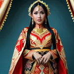 **

A Malaysian cosplayer dressed as Carey, showcasing a classic costume inspired by traditional songket fabric with intricate detailing and jewelry. Focus on elegance and cultural elements.

**