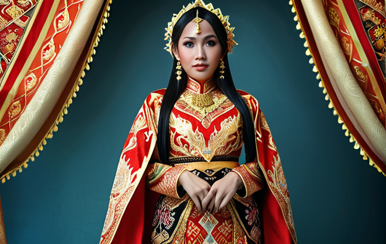 **
A Malaysian cosplayer dressed as Carey, showcasing a classic costume inspired by traditional songket fabric with intricate detailing and jewelry. Focus on elegance and cultural elements.
**