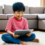 A joyful Malaysian child, fully clothed in a modest, brightly colored casual outfit, sits comfortably on a soft carpet in a sunlit, modern living room. The child is actively engaged with a digital tablet, its screen displaying vibrant, educational interactive content featuring friendly, animated characters. The background shows blurred elements of a tidy, family-friendly play area with educational toys. This scene captures the essence of engaged learning and safe digital entertainment. safe for work, appropriate content, fully clothed, modest clothing, family-friendly, perfect anatomy, correct proportions, natural pose, well-formed hands, proper finger count, natural body proportions, professional photography, high resolution, vibrant colors.