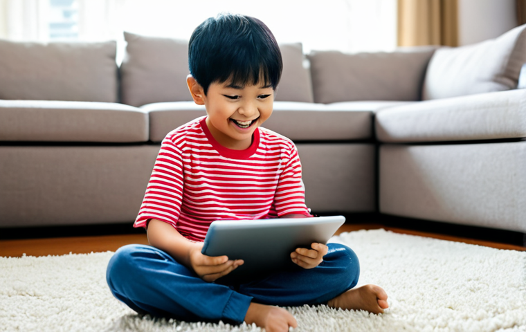 A joyful Malaysian child, fully clothed in a modest, brightly colored casual outfit, sits comfortably on a soft carpet in a sunlit, modern living room. The child is actively engaged with a digital tablet, its screen displaying vibrant, educational interactive content featuring friendly, animated characters. The background shows blurred elements of a tidy, family-friendly play area with educational toys. This scene captures the essence of engaged learning and safe digital entertainment. safe for work, appropriate content, fully clothed, modest clothing, family-friendly, perfect anatomy, correct proportions, natural pose, well-formed hands, proper finger count, natural body proportions, professional photography, high resolution, vibrant colors.