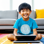 A joyful Malaysian child, approximately 6-8 years old, sitting comfortably on a colorful rug in a bright, modern living room. The child is fully clothed in a modest, age-appropriate t-shirt and casual pants, completely engrossed in an educational English video displayed on a tablet. Their face shows a wide, happy smile, reflecting active engagement as they mimic sounds or sing along. The background is tidy and family-friendly, with soft natural light streaming in. Professional photography, high-resolution, vibrant colors, safe for work, appropriate content, perfect anatomy, correct proportions, natural pose, well-formed hands, proper finger count, natural body proportions.