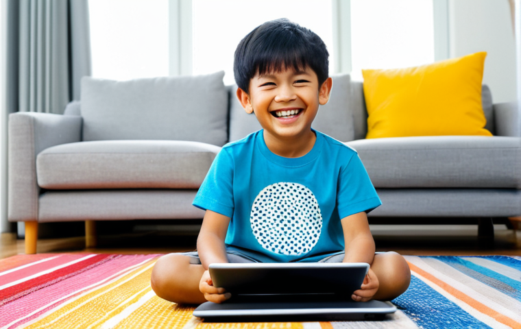 A joyful Malaysian child, approximately 6-8 years old, sitting comfortably on a colorful rug in a bright, modern living room. The child is fully clothed in a modest, age-appropriate t-shirt and casual pants, completely engrossed in an educational English video displayed on a tablet. Their face shows a wide, happy smile, reflecting active engagement as they mimic sounds or sing along. The background is tidy and family-friendly, with soft natural light streaming in. Professional photography, high-resolution, vibrant colors, safe for work, appropriate content, perfect anatomy, correct proportions, natural pose, well-formed hands, proper finger count, natural body proportions.