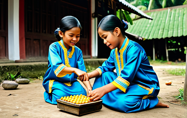 **

"A group of Malaysian children, fully clothed in baju kurung and baju Melayu, playing a traditional game like *congkak* in a *kampung* setting. Safe for work, appropriate content, modest attire, family-friendly. Perfect anatomy, correct proportions, natural pose, well-formed hands."

**